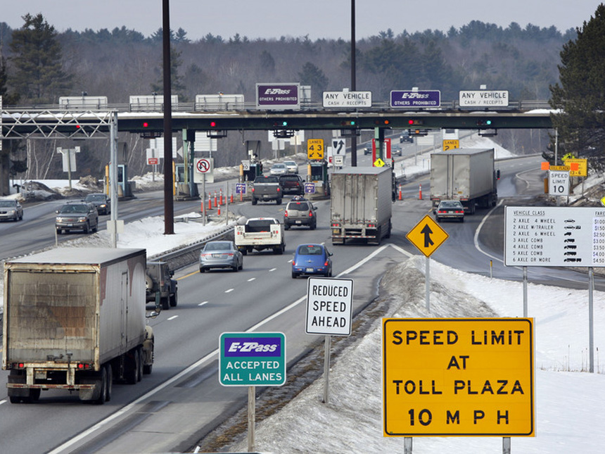 Traffic approaches Maine Turnpike toll booths in Gardiner, Maine, in February 2011.